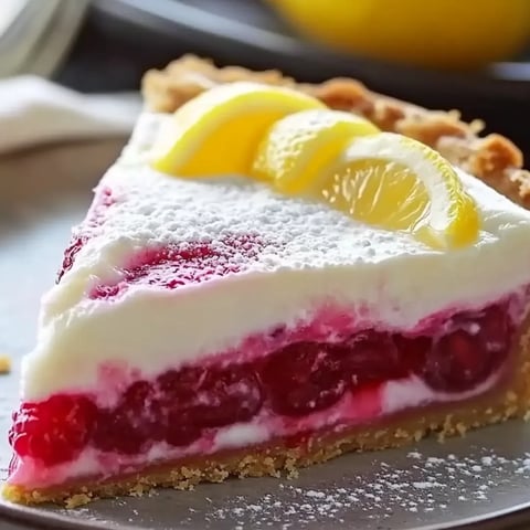 A slice of pie with lemon and raspberry toppings.