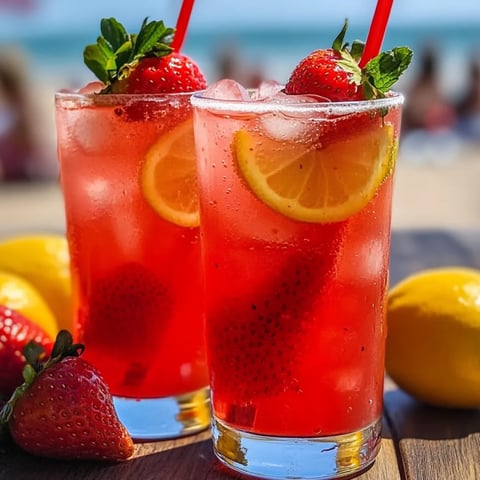 There are two glasses filled with red strawberry lemonade and topped with lemon slices sitting on a table.