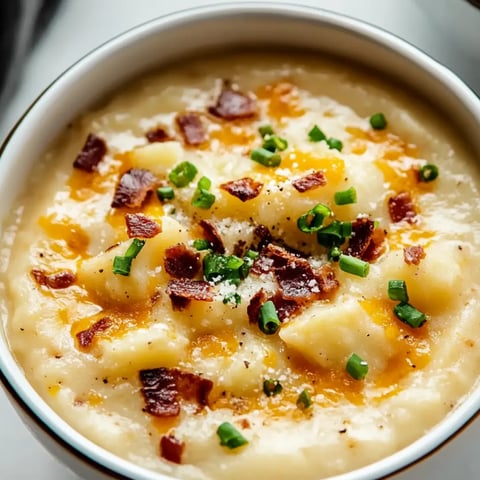 The soup in a bowl topped with bacon bits and scallions.