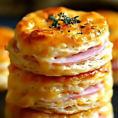 Stacked ham and cheese biscuits looking gooey and golden.